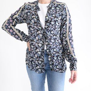 Free People Floral Button Down Shirt - Black and Blue